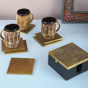 Exquisite Wooden Coaster Set with Brass Lining and Embossed Details, blending elegance and functionality for your tabletop.