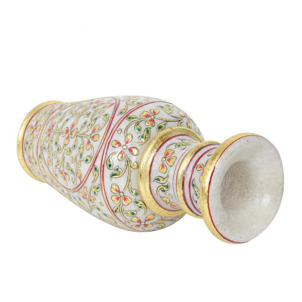 Natural Marble 9" vase Mughal 2round Design with Real Gold fine handpainting with Natural Colors