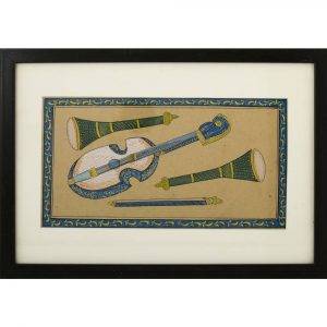 Miniature paper painting depicting Veena and Shehnai musical instruments.