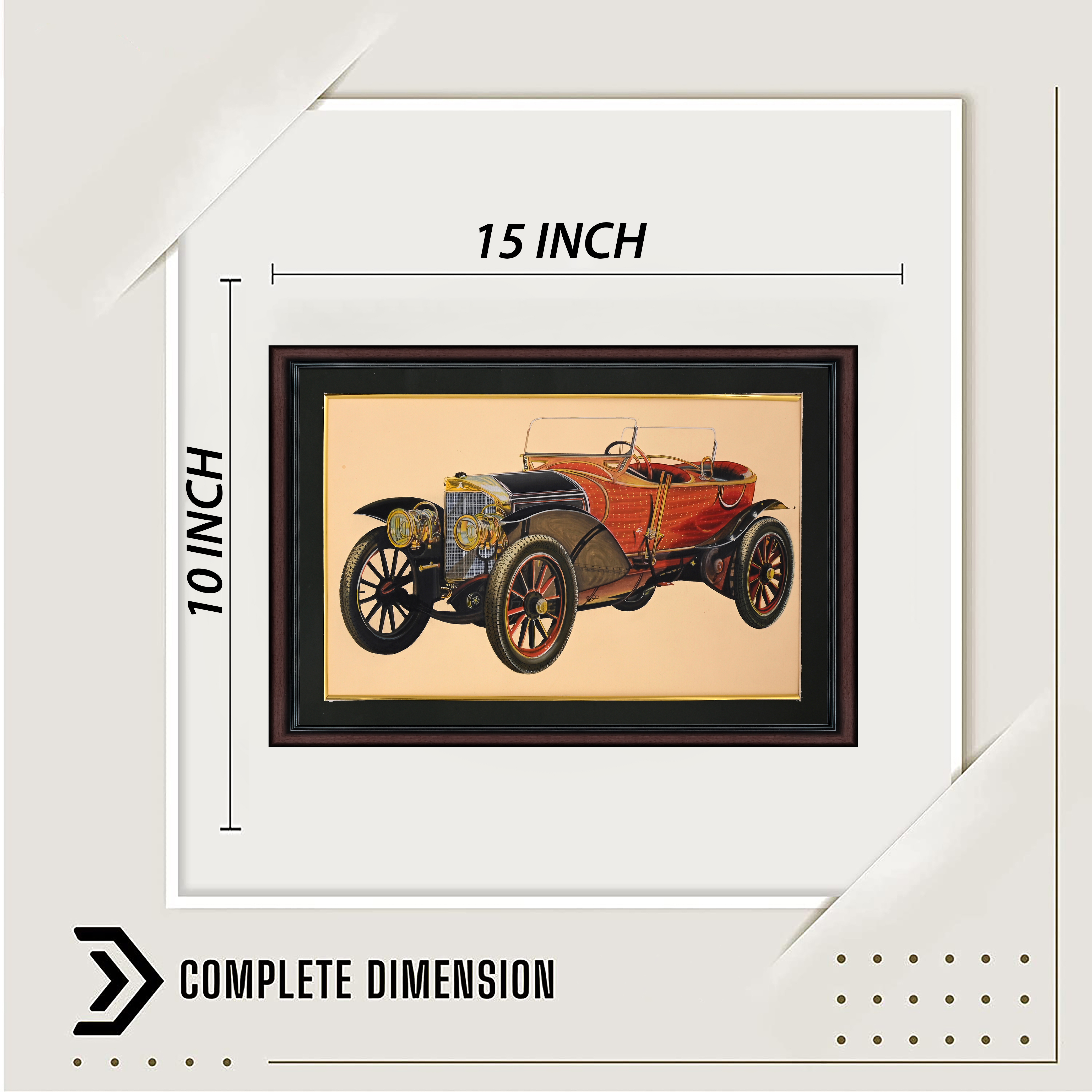 Hand painted miniature painting of a vintage early 1900s open-top touring car with red coachwork and brass headlamps, framed in dark walnut with gold border, 15x9 inches, Jaipur Rajasthani miniature art, Arts & Crafts India